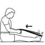 Diagram of man sitting on floor with towel wrapped around his foot while performing stretching exercises for heel pain
